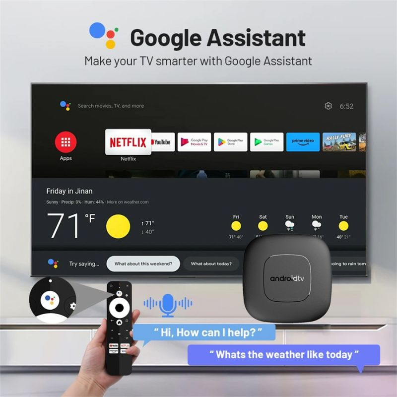 Set-top box Android TV negro con Google Assistant, mando a distancia con micrófono, soporte 2GB/8GB, WiFi dual y apps como Netflix y YouTube en pantalla