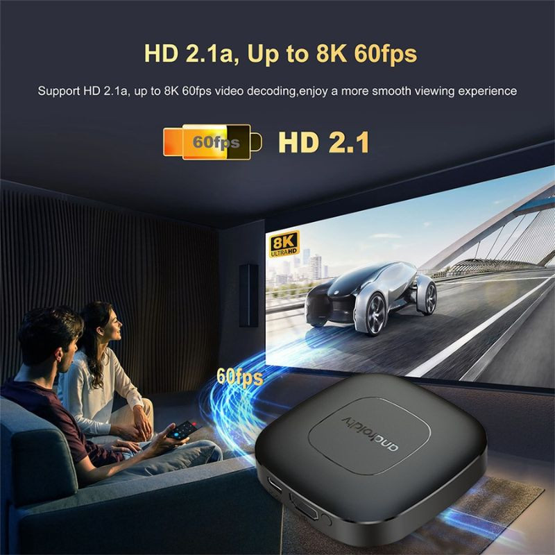 Reproductor Android TV negro compacto con puertos HDMI y USB, WiFi dual, 2GB RAM y 8GB almacenamiento, soporte HD 2.1 y decodificación hasta 8K 60fps