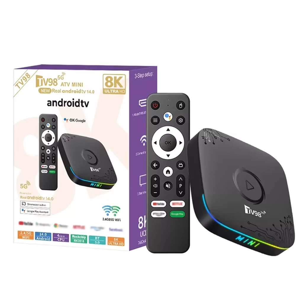 TV box TV98 ATV Mini preta com display LED, luz RGB lateral, controle remoto completo, portas USB e HDMI, suporte 8K, dual Wi‑Fi e Android 14