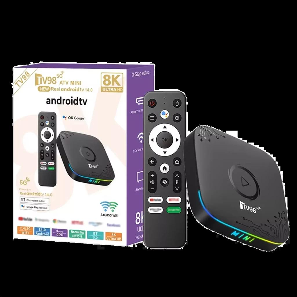 Boîtier TV98 ATV Mini noir avec LED, format compact, télécommande incluse, prise USB et Ethernet, logo 8K visible sur la boîte, mention Android 14 et WiFi