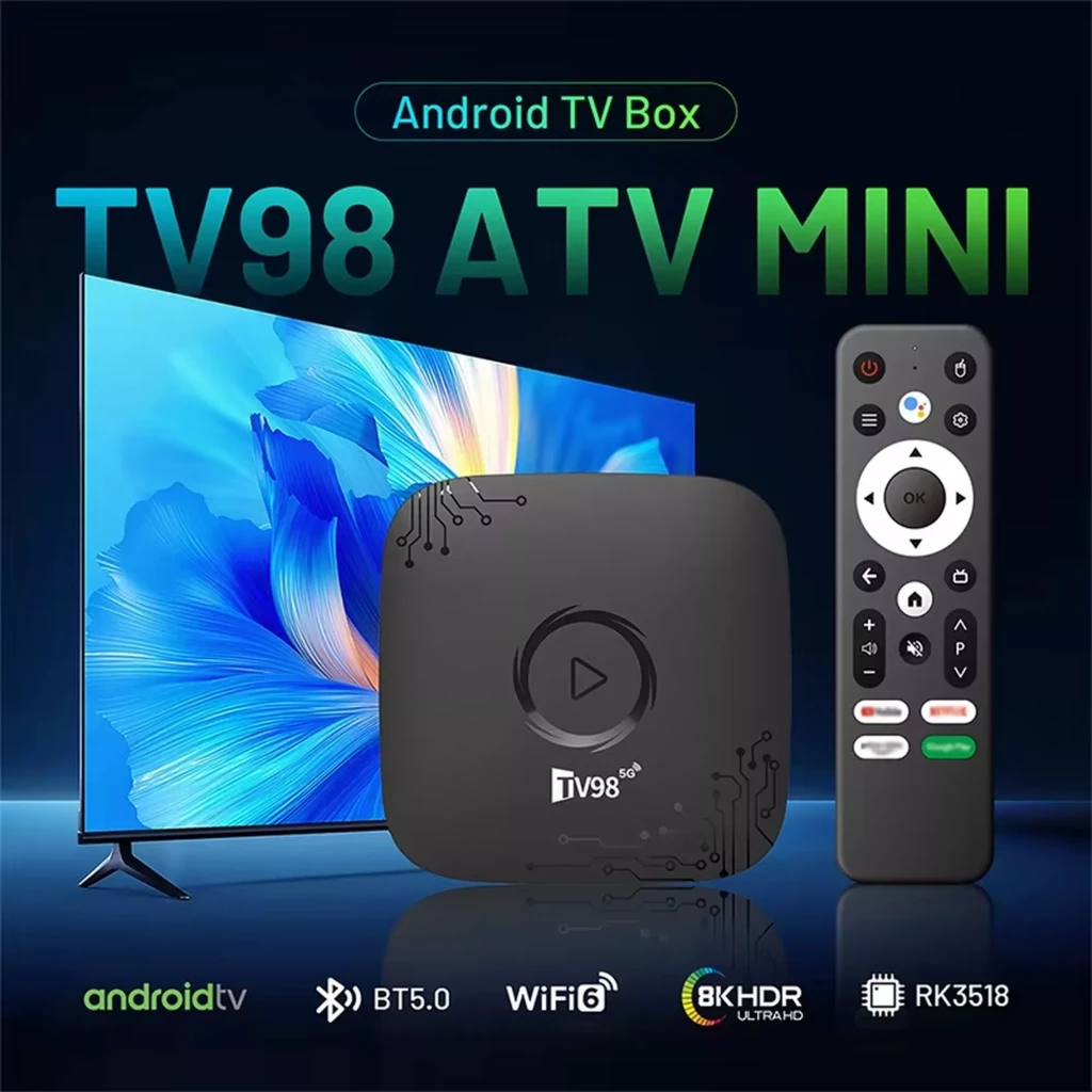 Boîtier Android TV noir compact TV98 ATV Mini, logo central, bords à motif circuits. Télécommande complète incluse, affichage 8K, WiFi 6, BT 5.0