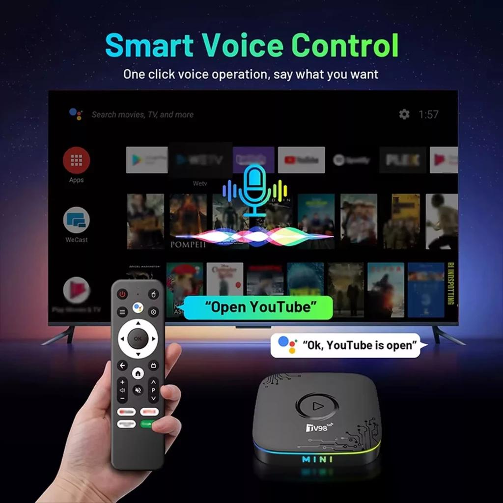 Boîtier TV noir compact avec affichage LED, télécommande incluse, prises USB et HDMI, double Wi‑Fi, logo MINI éclairé, interface Android TV sur écran