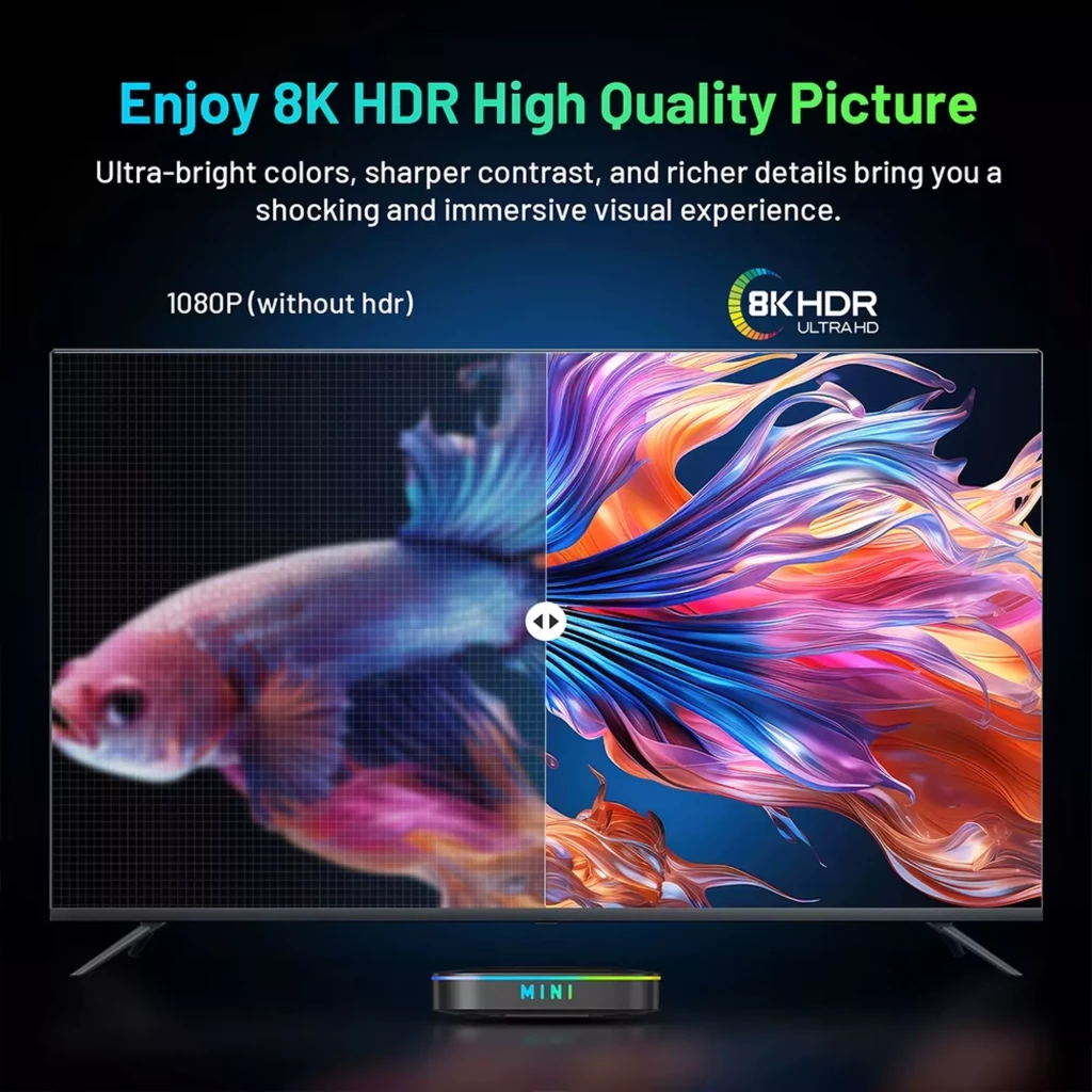 Boîtier TV noir compact avec affichage LED MINI, met en avant 8K HDR Ultra HD, couleurs vives et contraste net, Android 14, double WiFi, 2 Go RAM 16 Go