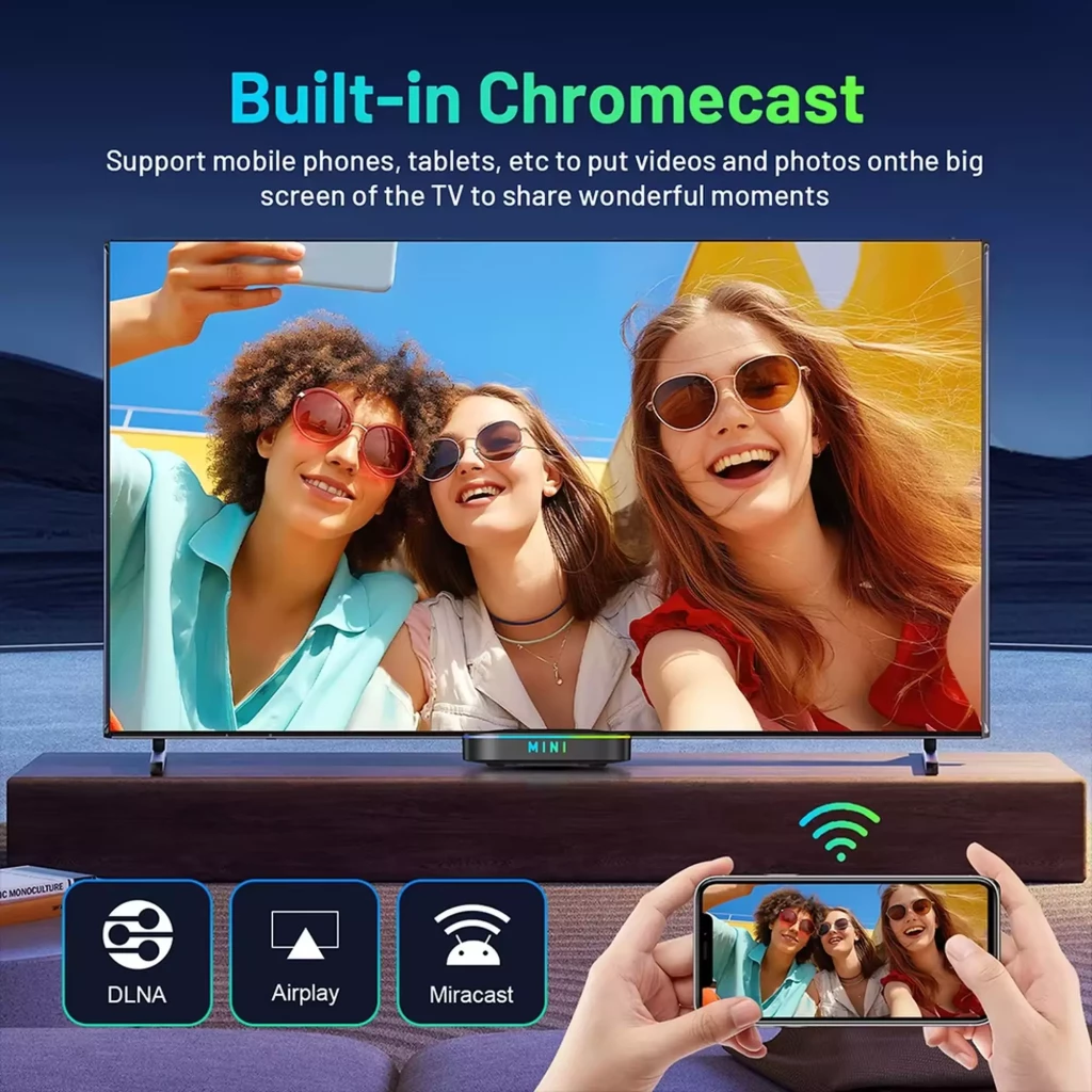 Boîtier TV noir compact MINI avec affichage LED vert, compatible Chromecast intégré, DLNA, AirPlay et Miracast, idéal pour partager vidéos et photos sur