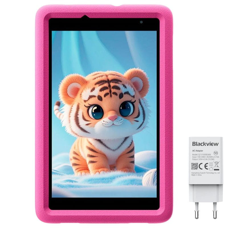 Tablette enfant Blackview Tab A5 Kids 8" rose avec coque antichoc, écran HD affichant tigre cartoon; inclut chargeur secteur 4G, 3Go/64Go.