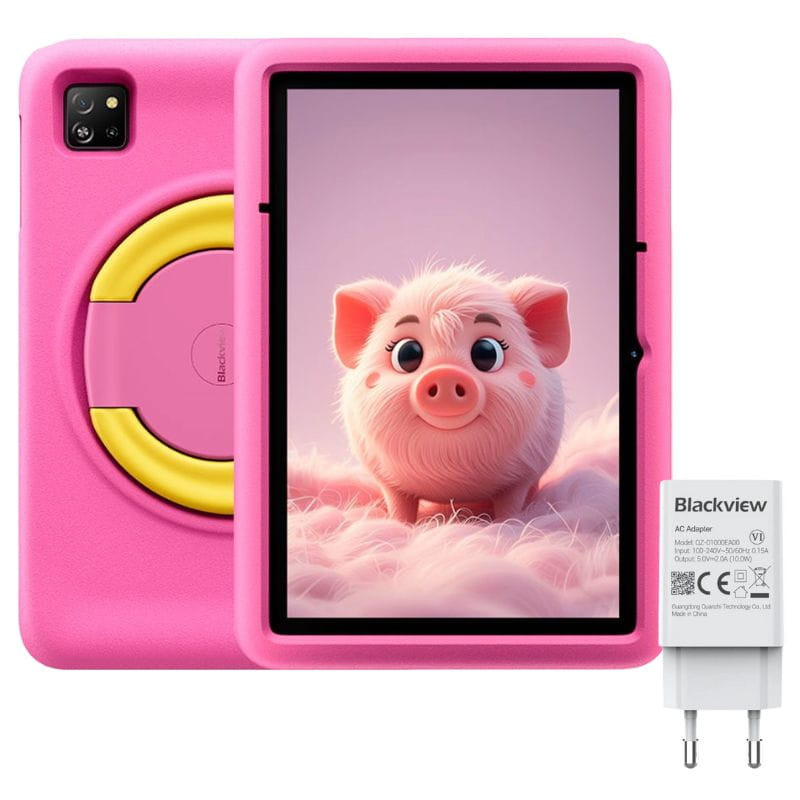 Tablet infantil rosa Blackview Tab A6 Kids 10.1", capa robusta com alça/stand circular, ecrã com porquinho fofo; inclui carregador USB. 4GB/128GB, Wi‑Fi.