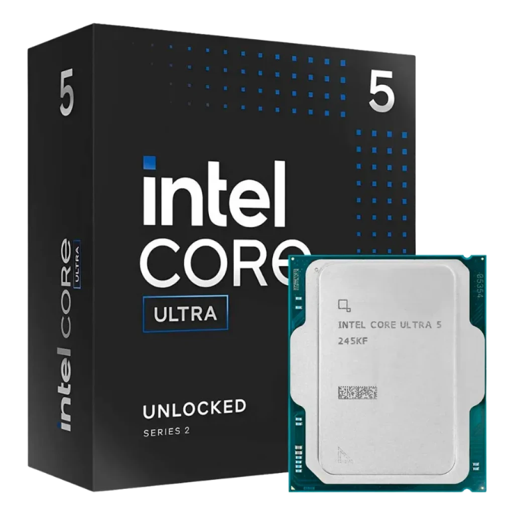 Procesador Intel Core Ultra 5 245KF 5.2 GHz en caja: chip plateado con borde verde y grabado 245KF junto a empaque negro con logotipo Intel Core Ultra