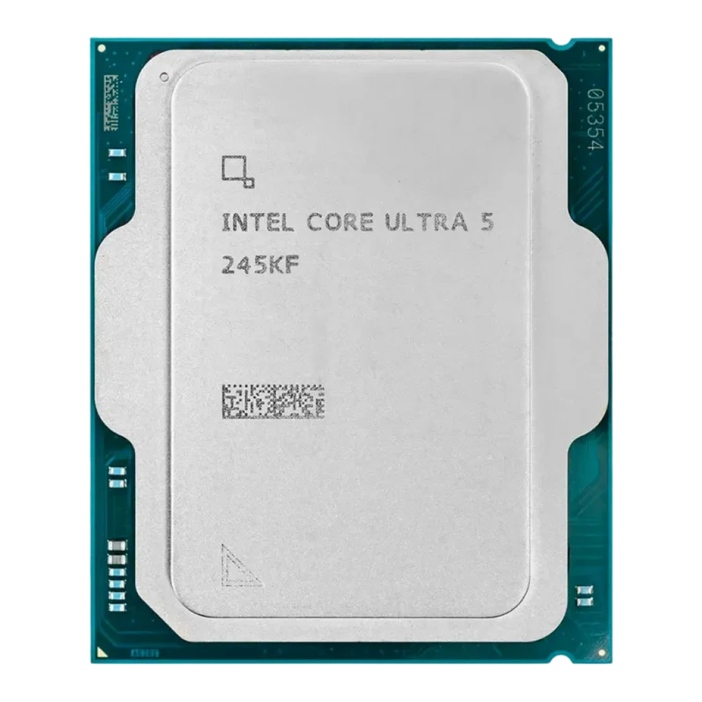 Procesador Intel Core Ultra 5 245KF 5.2 GHz Box; chip rectangular plateado con borde verde, contactos y serigrafía visibles en el encapsulado