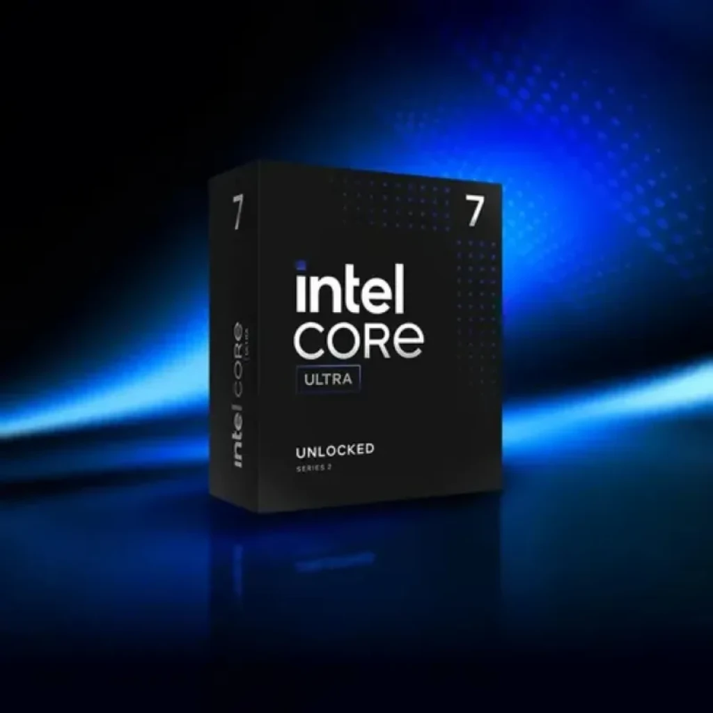 Caja Intel Core Ultra 7 265K 5.5 GHz Box en negro con logotipo blanco y azul, etiqueta Ultra y número 7, diseño Unlocked Series 2 sobre fondo azul brillante