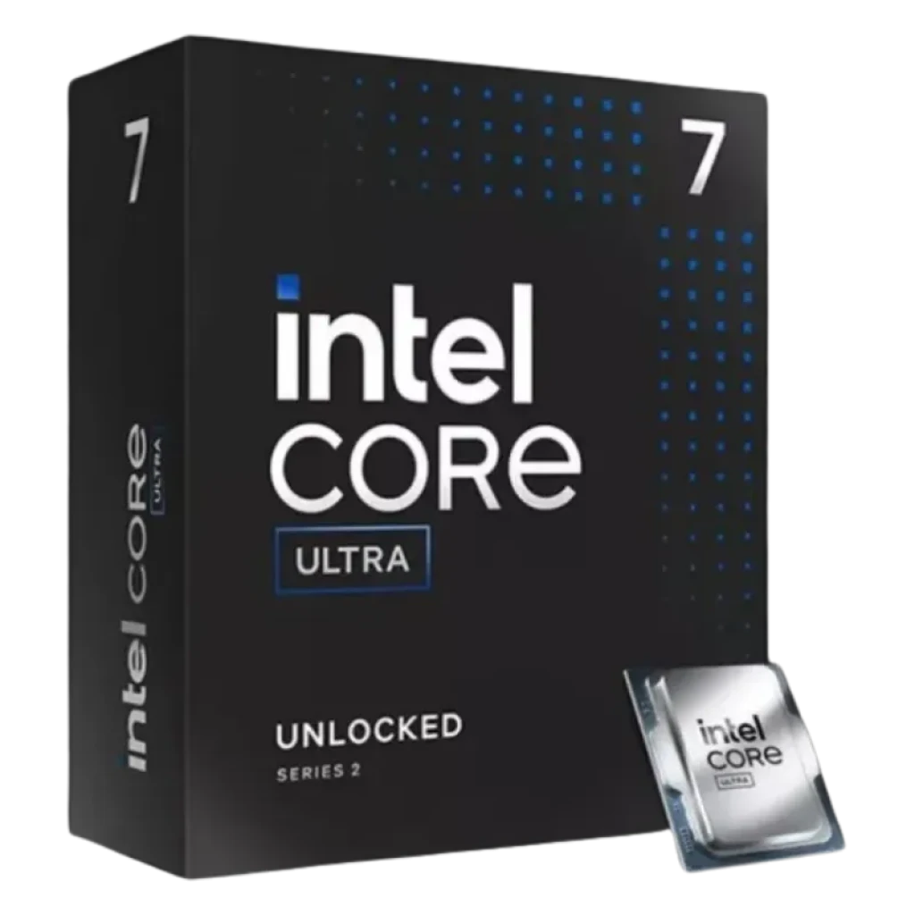 Caja Intel Core Ultra 7 265K 5.5 GHz Box negra con puntos azules, texto Ultra y Unlocked; incluye vista del procesador plateado en la esquina inferior derecha