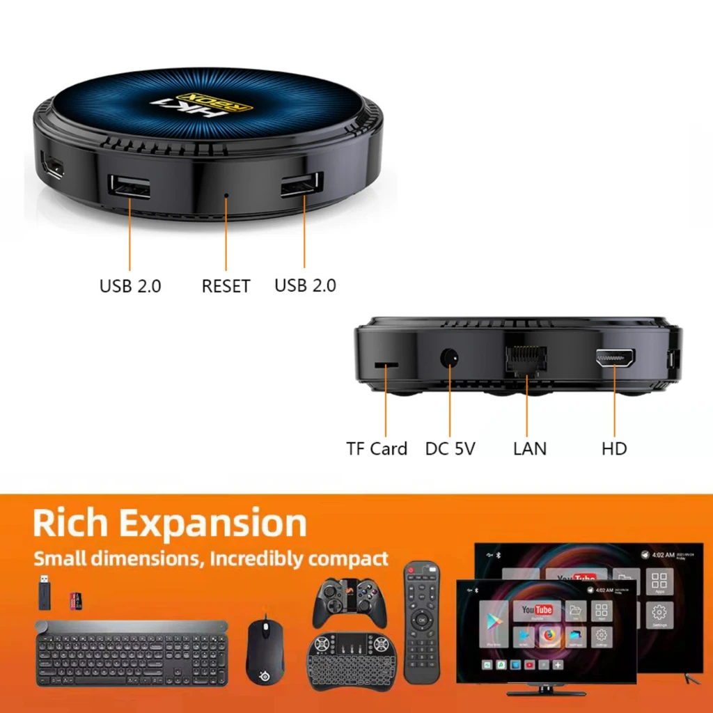 HK1 Rbox W2T Android TV negro, compacto y circular; puertos USB 2.0, TF, LAN y HDMI; indicador LED superior azul y conexiones DC 5V; incluye mando y accesorios