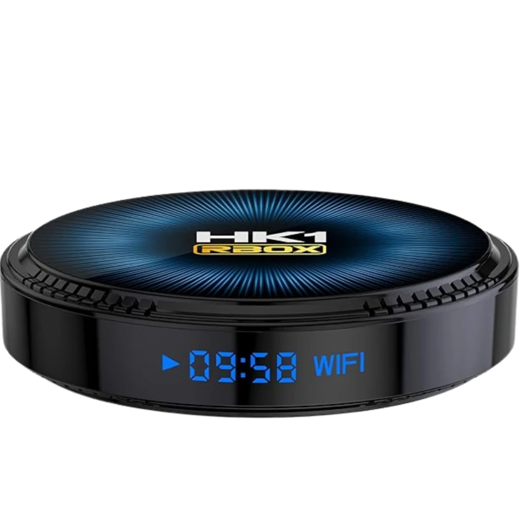 HK1 Rbox W2T S905W2 Android TV negro, caja circular brillante con pantalla LED azul mostrando hora y WiFi, diseño compacto y moderno 2GB RAM 16GB