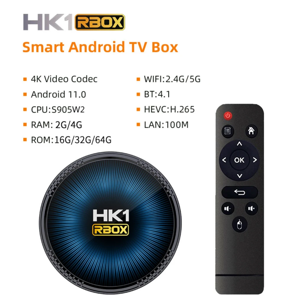 HK1 Rbox W2T S905W2 Android TV box negro, diseño circular con logo central azul, incluye control remoto. Puertos laterales y soporte 4K, WiFi dual y LAN.