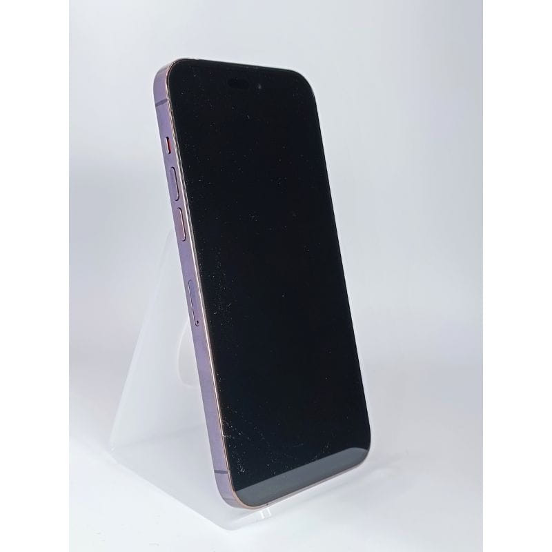 iPhone 14 Pro Max morado oscuro, 128GB, renovado en excelente estado; pantalla grande con Dynamic Island y bordes metálicos, botón lateral y volumen visibles.