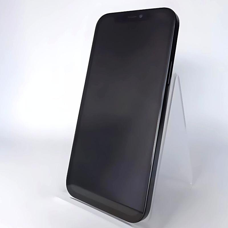 iPhone 14 Pro Max 256GB Negro Espacial renovado en estado excelente; pantalla grande sin marcas visibles, bordes lisos, en soporte inclinado minimalista.