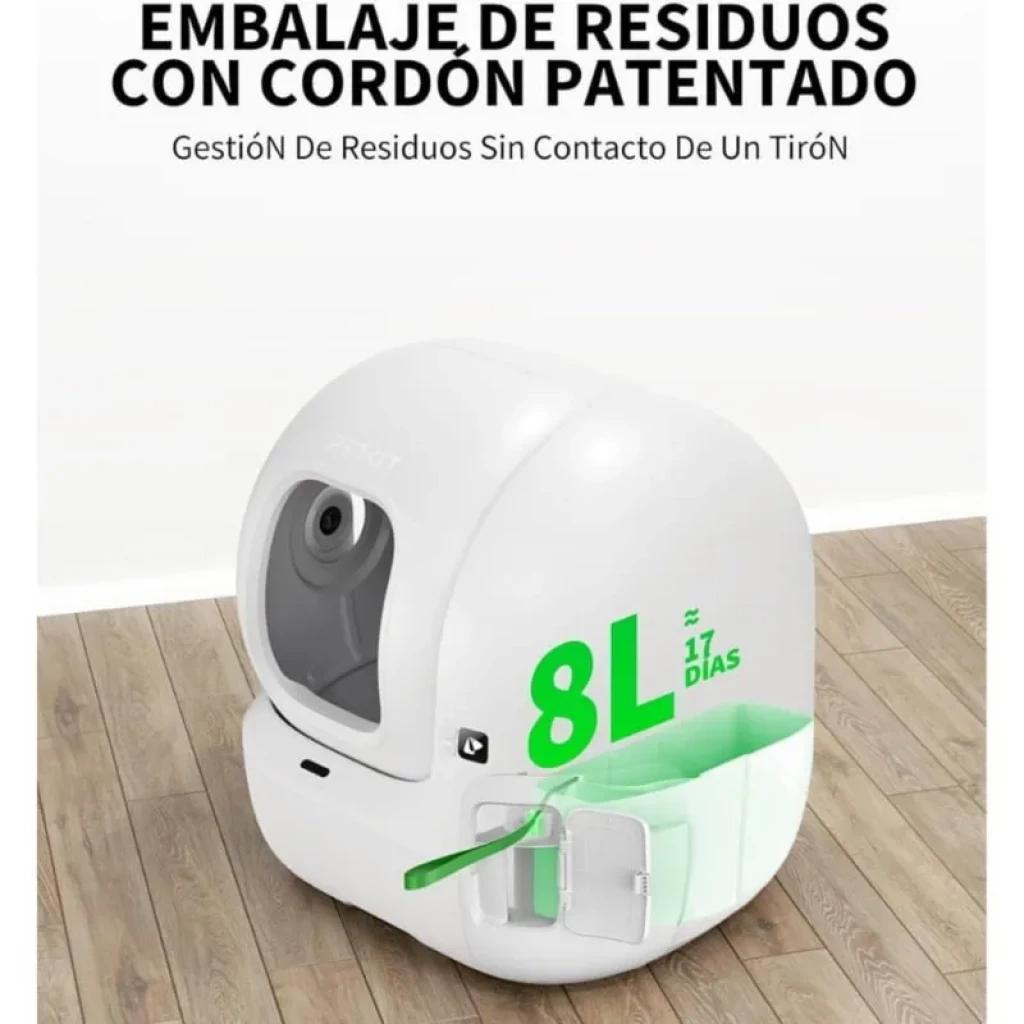 Caixa de areia automática branca com câmara frontal, visor e alça lateral verde; indica capacidade 8L 17 dias, design arredondado e saída de resíduos