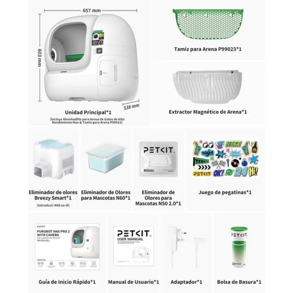 Caixa de areia automática PETKIT Purobot Max Pro 2 com câmara, tambor extragrande, filtros e xSecure; inclui adaptador, manual, rede, extrator e sacos