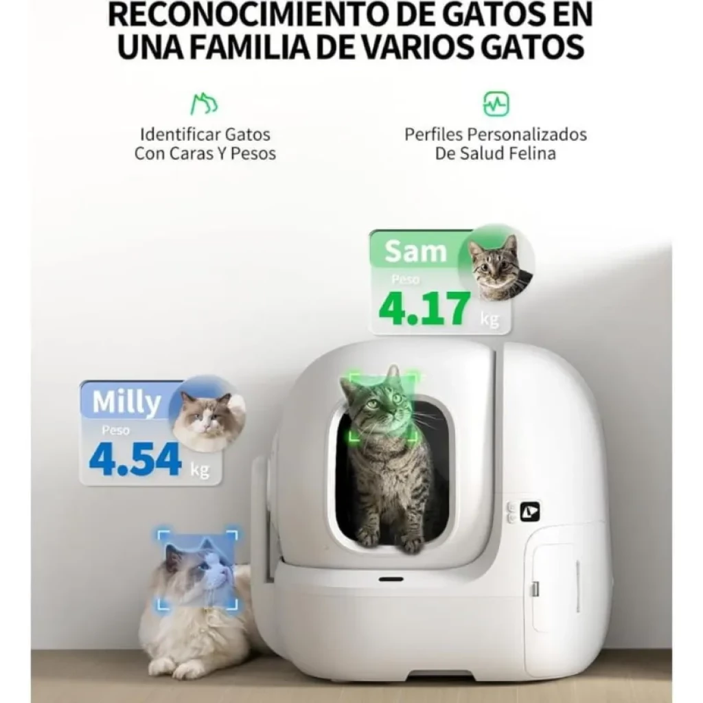Caixa de areia automática branca com porta verde iluminada, câmara frontal integrada e display de dados de peso para múltiplos gatos; design arredondado e
