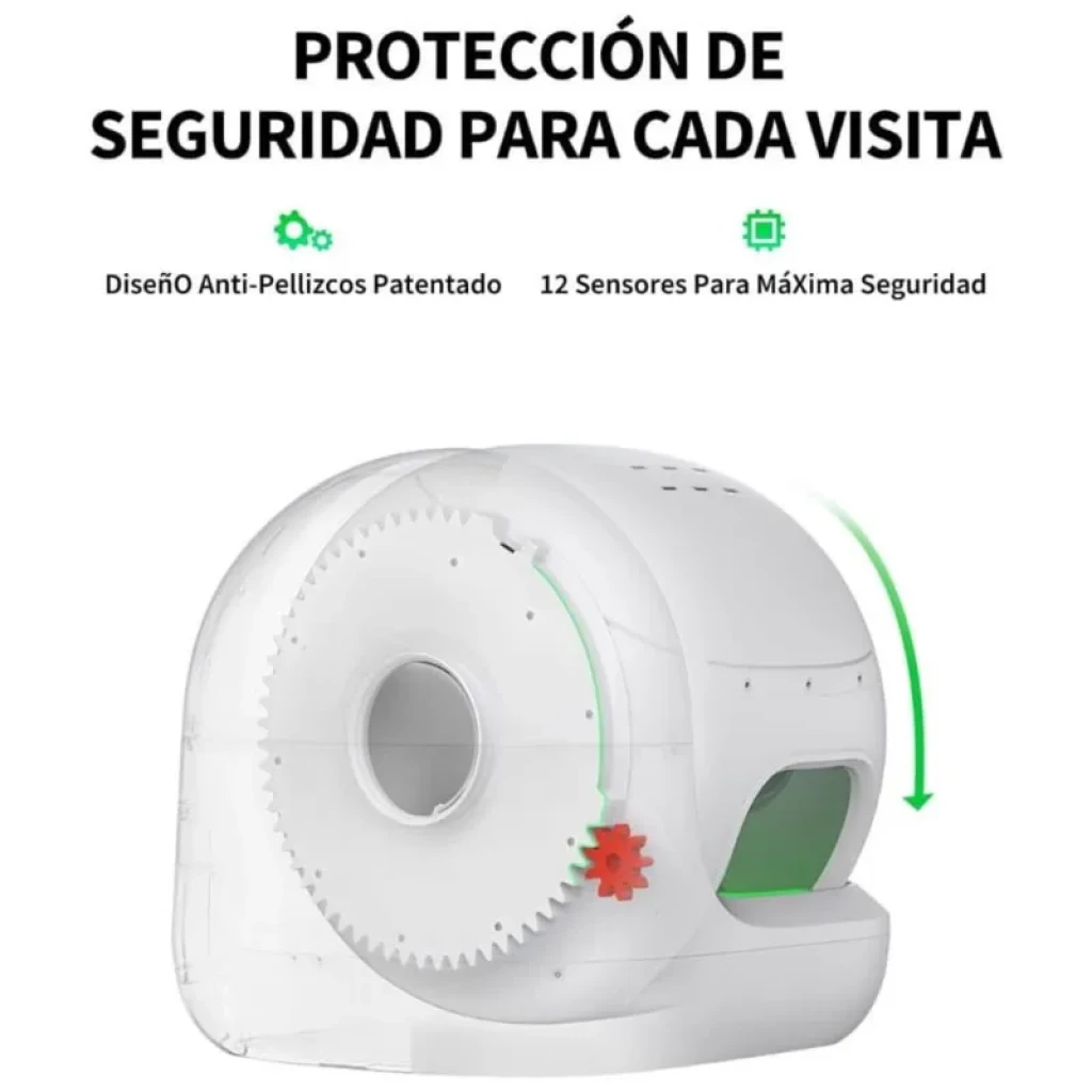 Caixa de areia automática branca com tambor giratório, entrada verde ampla, câmara frontal e ícone de engrenagem vermelha; design robusto e seguro com
