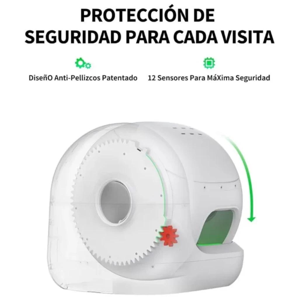 Caixa de areia automática branca com tambor giratório, entrada verde ampla, câmara frontal e ícone de engrenagem vermelha; design robusto e seguro com