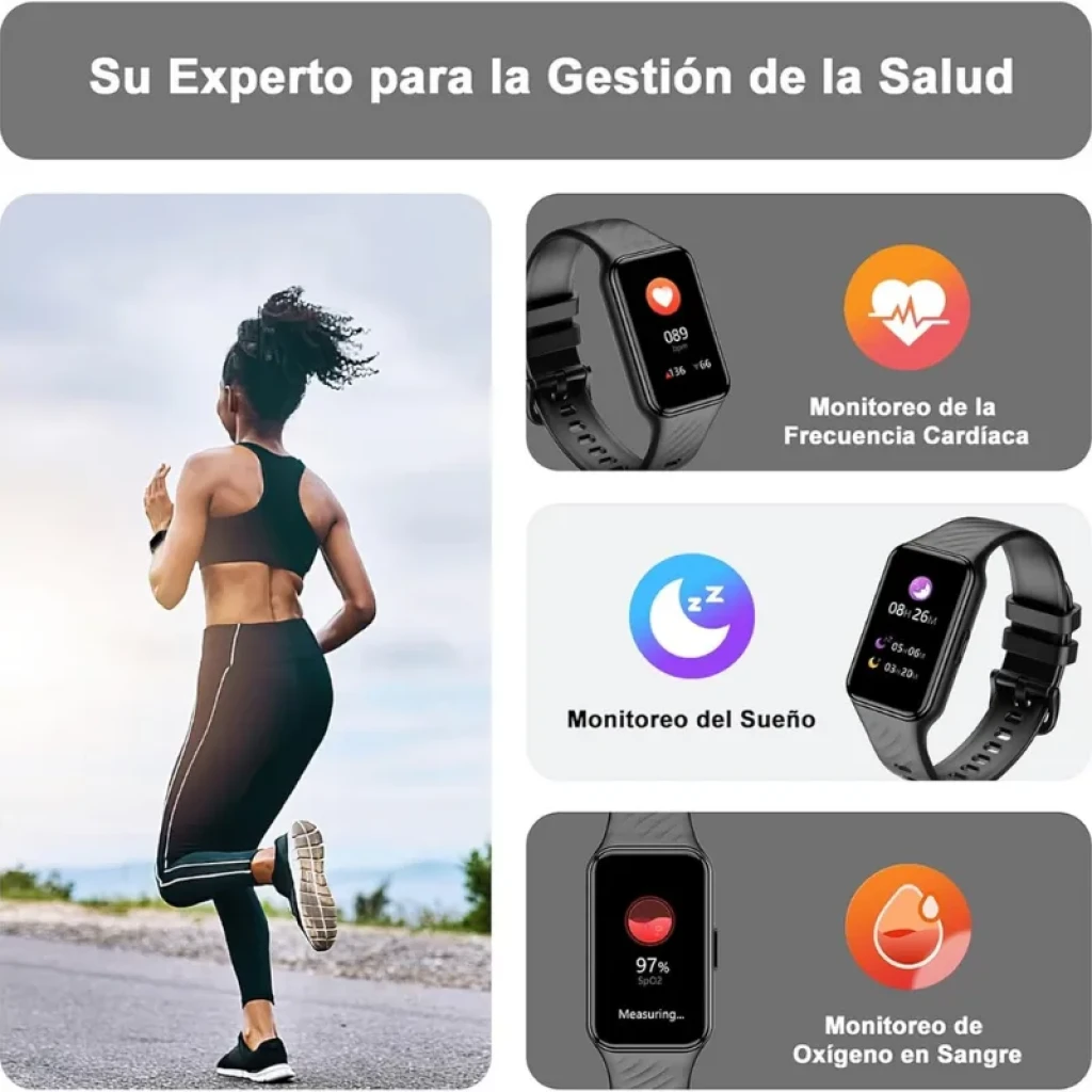 Blackview R10 Negro reloj inteligente con pantalla rectangular, correa de silicona y widgets de frecuencia cardiaca, sueño y oxígeno en sangre.