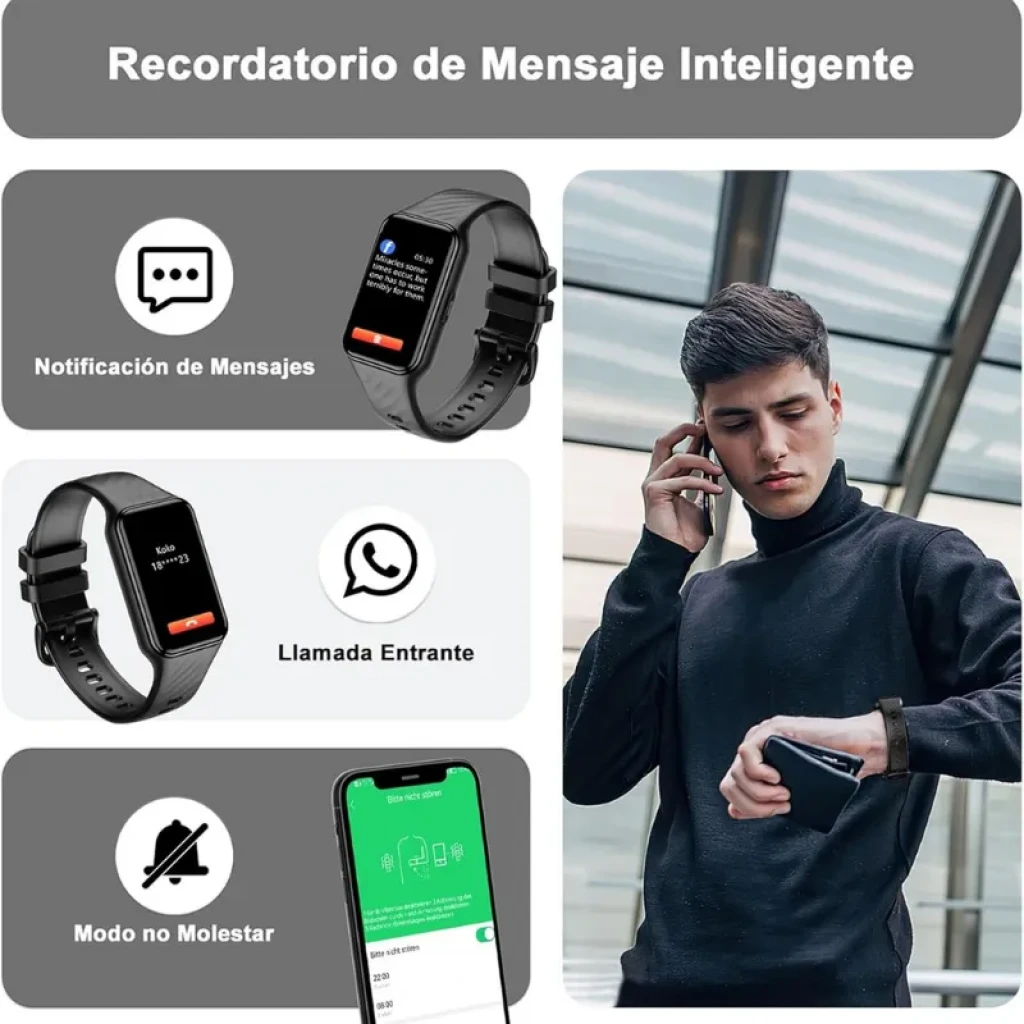 Blackview R10 Negro: smartwatch con pantalla rectangular, correa de silicona negra, notificaciones de mensajes, llamadas entrantes y modo No molestar