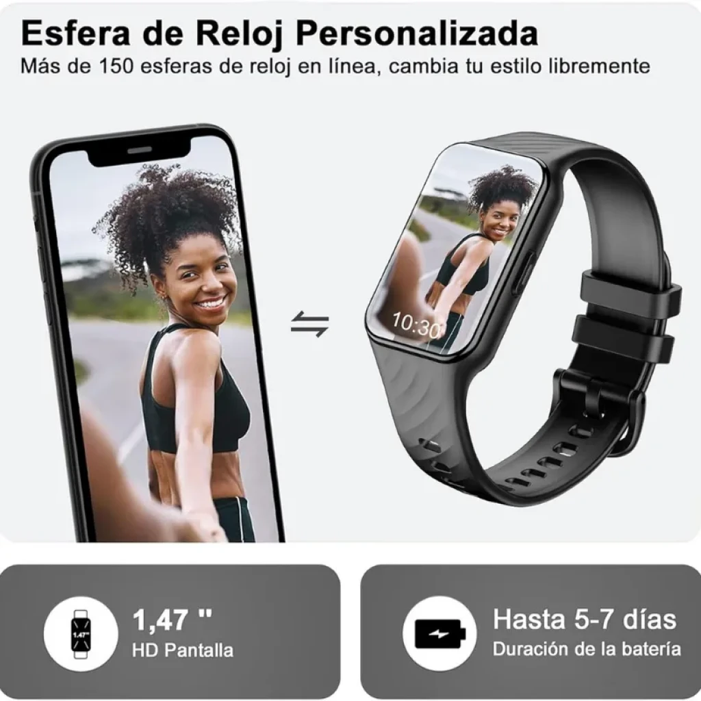 Blackview R10 Negro Reloj Inteligente con pantalla HD 1.47 pulgadas, correa negra ajustable y esfera personalizable; autonomía estimada de 5 a 7 días