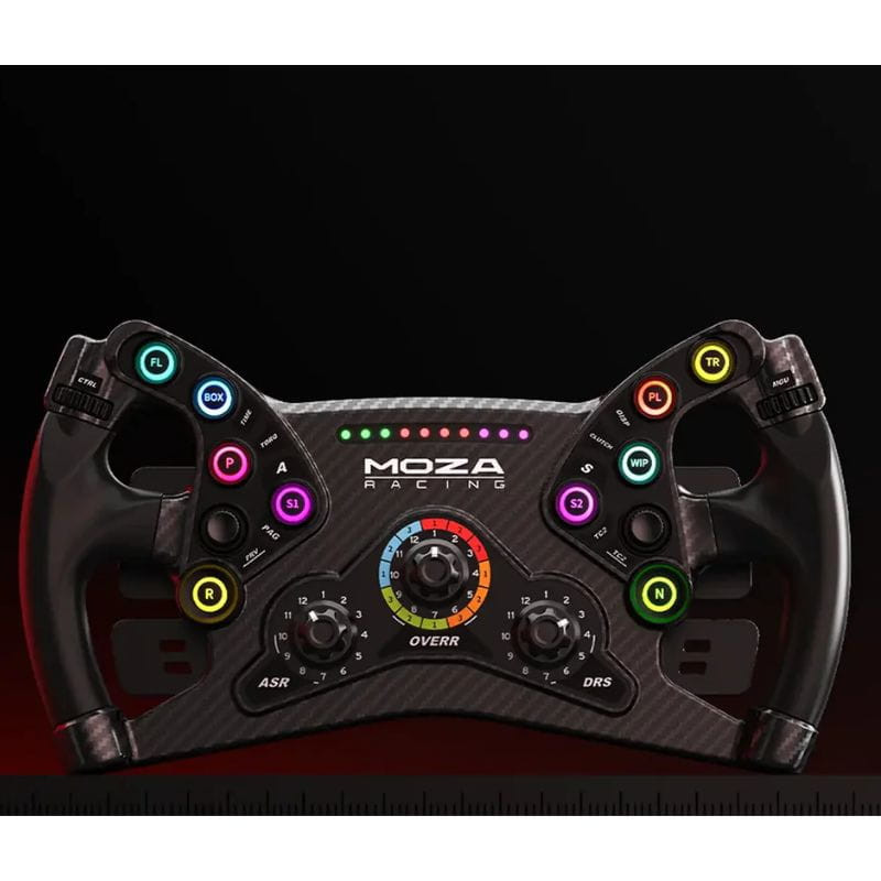 Volante Moza Racing KS negro de 30 cm con panel de fibra de carbono, múltiples botones iluminados, perillas de ajuste y barra LED para telemetría en PC