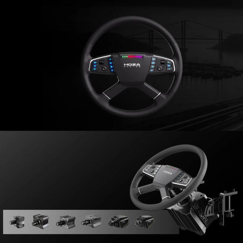 Volante Moza Racing TSW 40 cm en negro, aro grande con pantalla LED, múltiples botones retroiluminados y empuñadura texturizada para camiones en PC