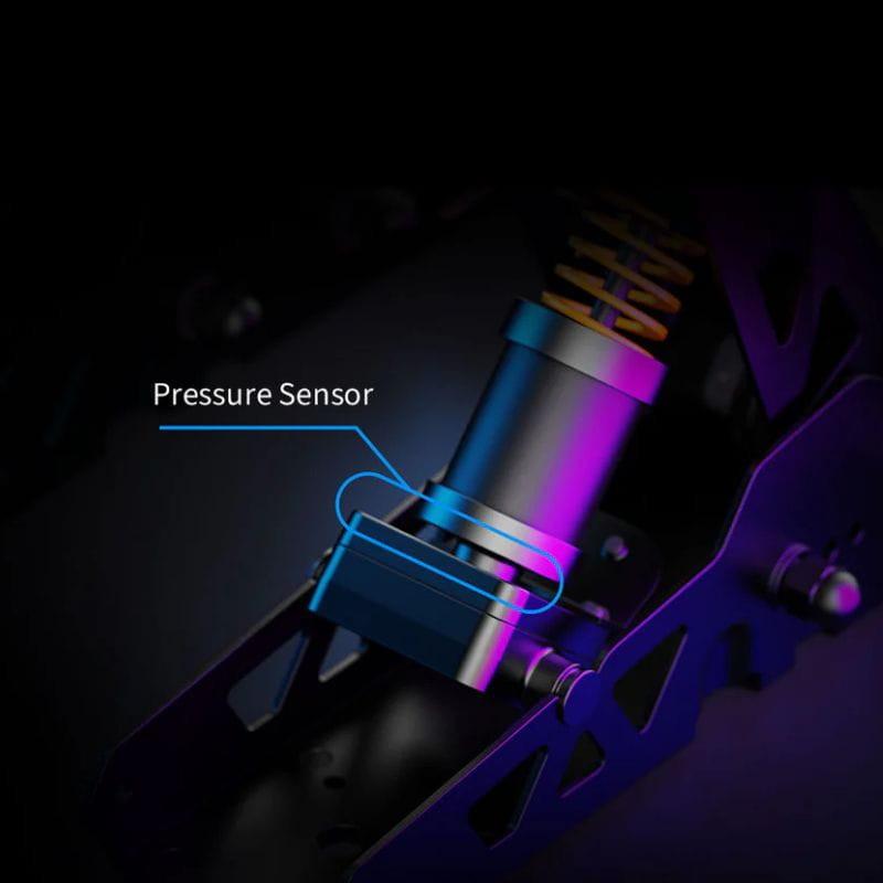 Moza Racing SR-P Negro - Pedales PC con sensor de presión destacado, resorte metálico visible y chasis negro perforado con acabado premium iluminado en