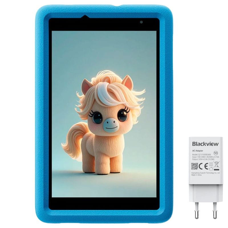 Blackview Tab A5 Kids 8'' azul con funda protectora acolchada; pantalla con dibujo infantil de pony y cargador USB incluido. Ideal para niños.