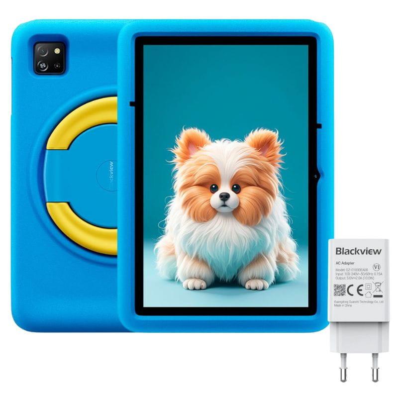 Tablette enfant Blackview Tab A6 10,1" bleu avec coque antichoc poignée/anneau jaune, écran HD affichant chiot, Wi‑Fi, 4 Go/128 Go, chargeur inclus.