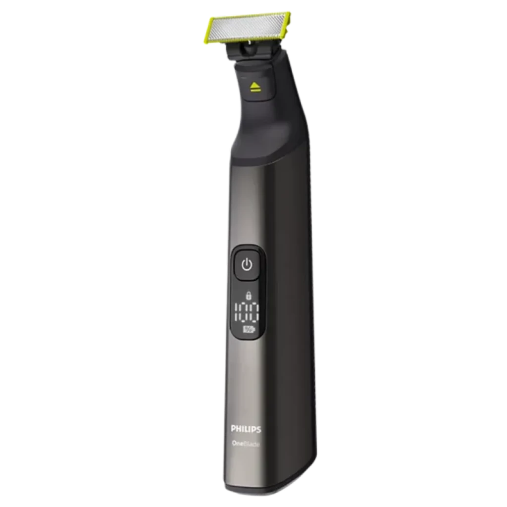 Aparador Philips OneBlade Pro 360 QP6652/61 preto com lâmina 360 verde, corpo ergonômico, botão de ligar central e indicador de ajustes no painel