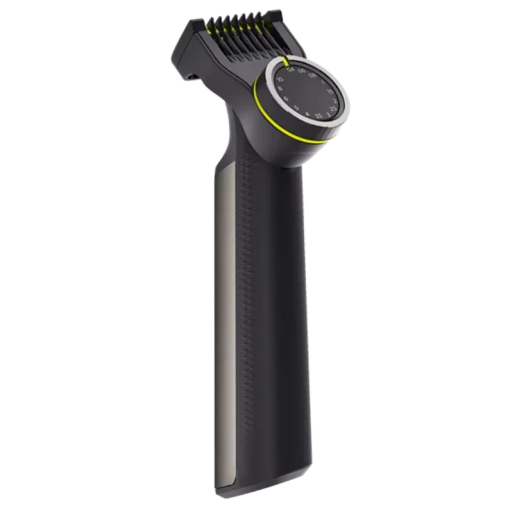 Philips OneBlade Pro 360 QP6652/61 com corpo preto, aro verde, ajuste de comprimento giratório e pente guia integrado para rosto e corpo