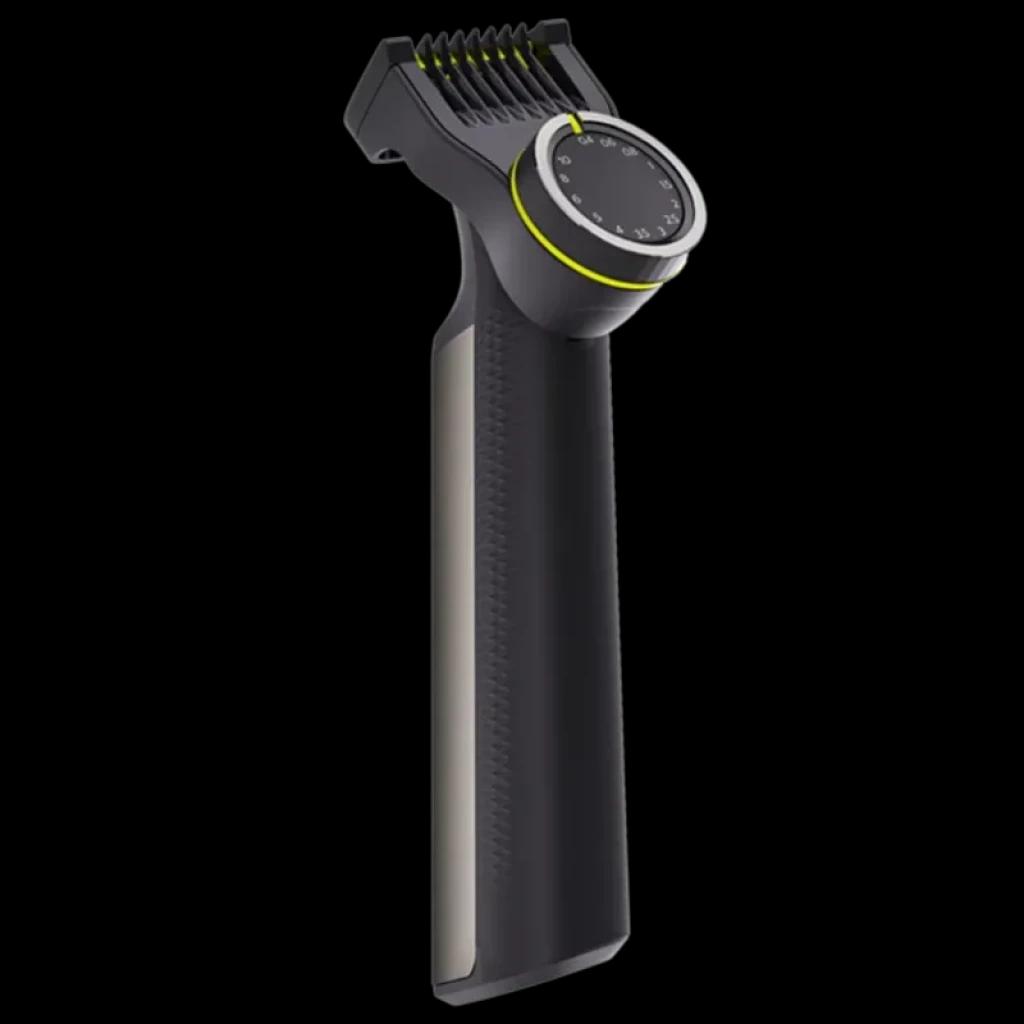 Philips OneBlade Pro 360 QP6652/61 com corpo preto, aro verde, ajuste de comprimento giratório e pente guia integrado para rosto e corpo
