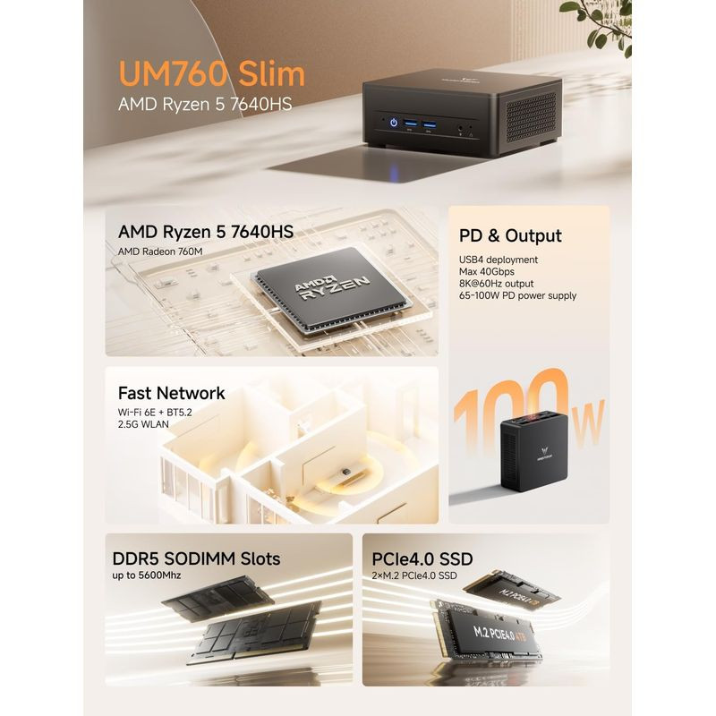 Detalles de MINISFORUM Elite Mini UM760 Plus AMD Ryzen 5 7640HS 32GB/1TB SSD