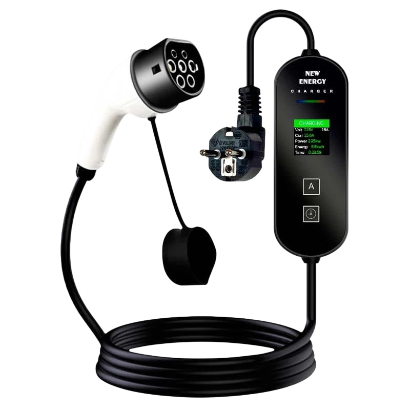 Carregador de carro elétrico EV 16A/3,5KW/10M com ecrã LCD e conetor de ficha
