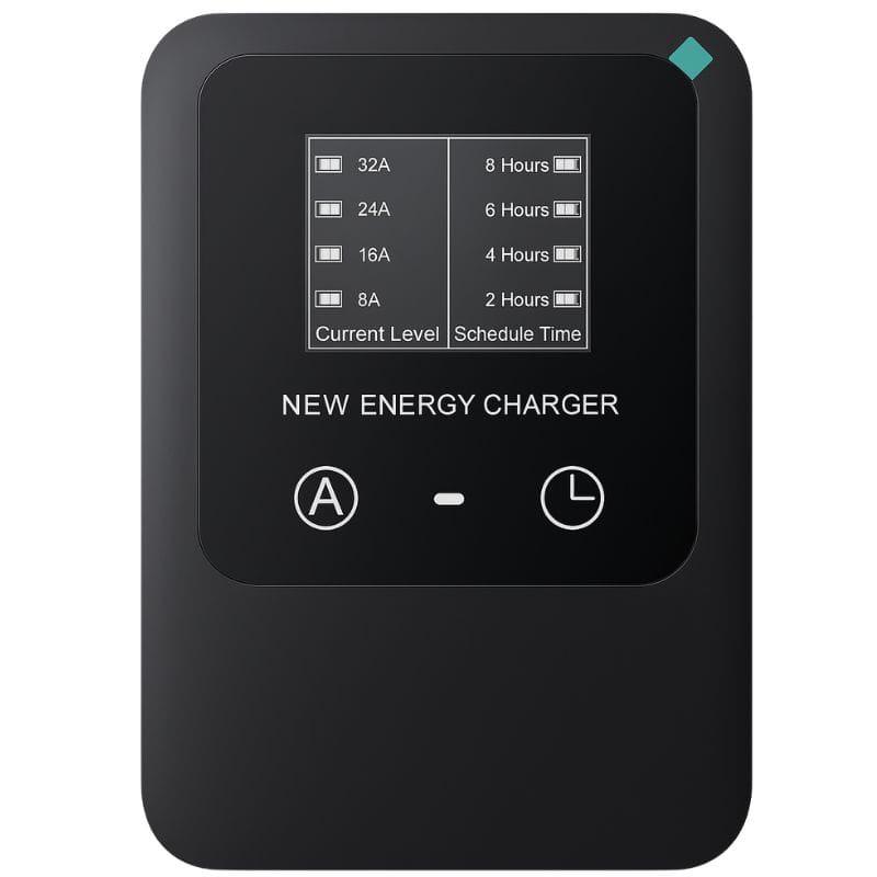 Panel frontal negro con pantalla que muestra niveles 8A-32A y tiempos, botones táctiles A y L, diseño compacto del cargador EV Tipo 2 32A 7.0KW 10M