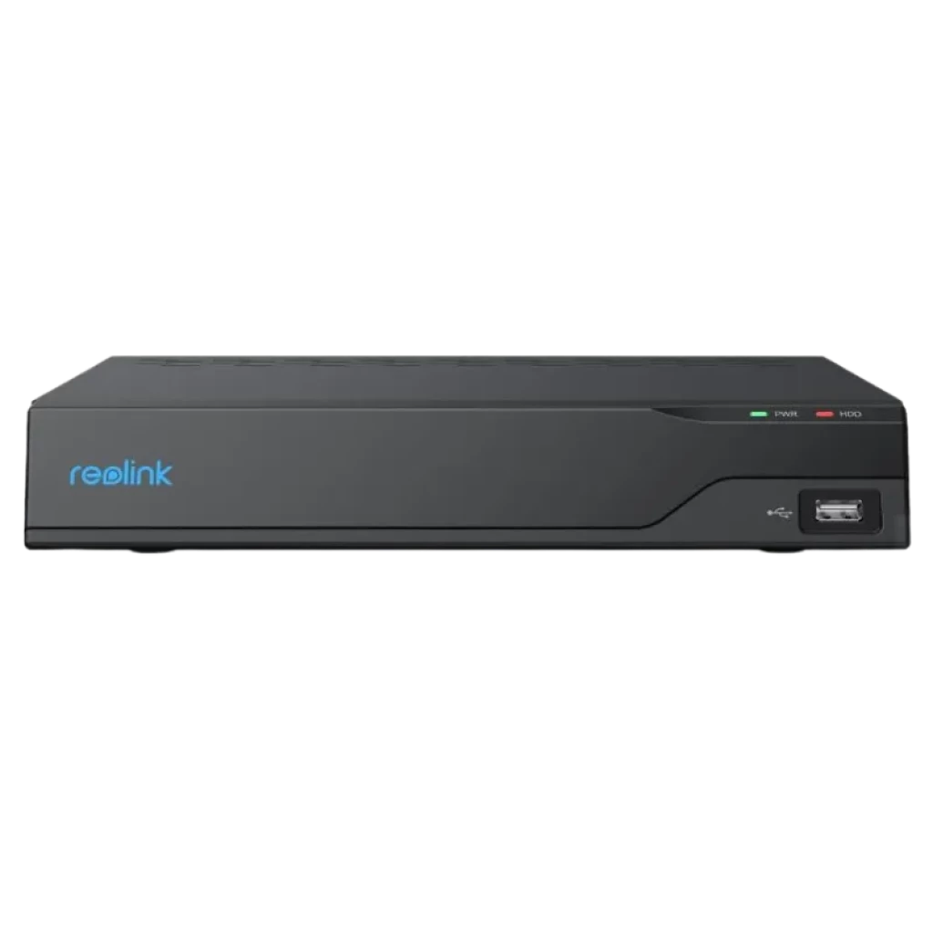 Reolink NVS8 negro, frontal minimalista con logo, indicadores LED PWR y HDD, puerto USB derecho, diseño rectangular para montaje en rack