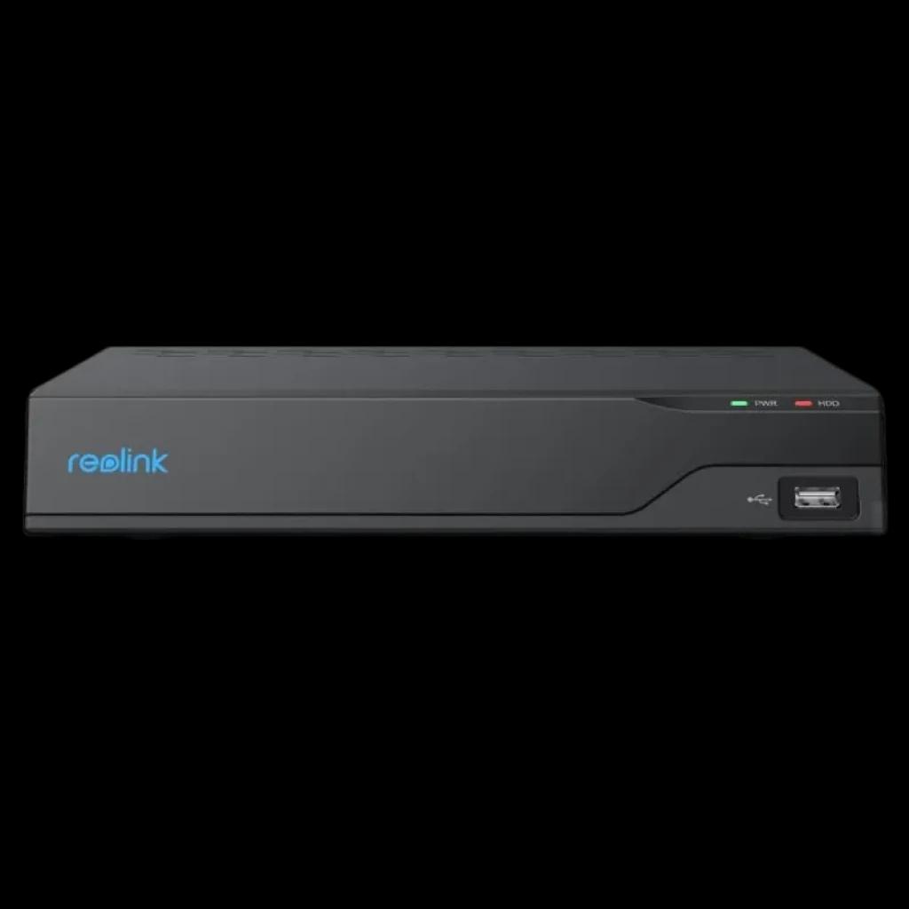 Reolink NVS8 negro, frontal minimalista con logo, indicadores LED PWR y HDD, puerto USB derecho, diseño rectangular para montaje en rack