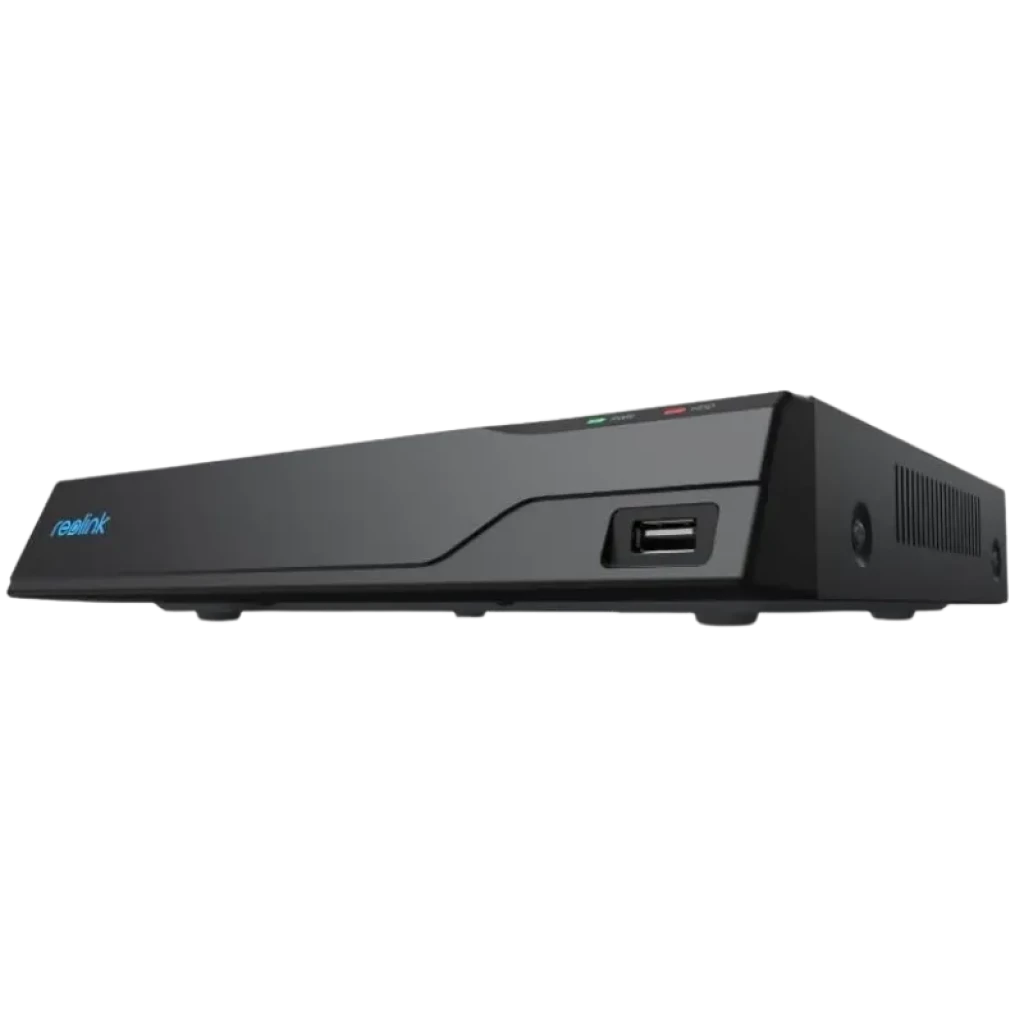 Reolink NVS8 con chasis negro compacto, puerto USB frontal, luces LED de estado y ventilación lateral; almacenamiento 2TB ampliable