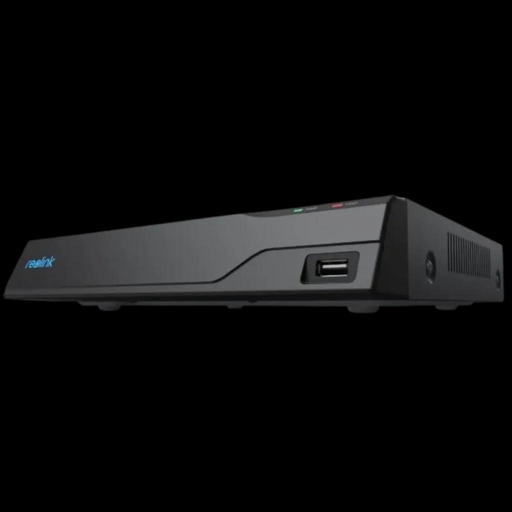 Reolink NVS8 con chasis negro compacto, puerto USB frontal, luces LED de estado y ventilación lateral; almacenamiento 2TB ampliable
