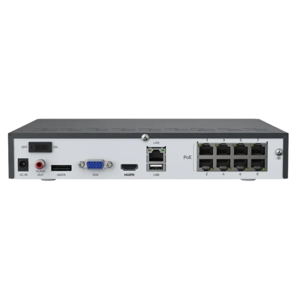 Reolink NVS8: panel trasero con 8 puertos RJ45 PoE, HDMI, VGA, USB, LAN, eSATA, audio y botón de encendido; carcasa metálica gris