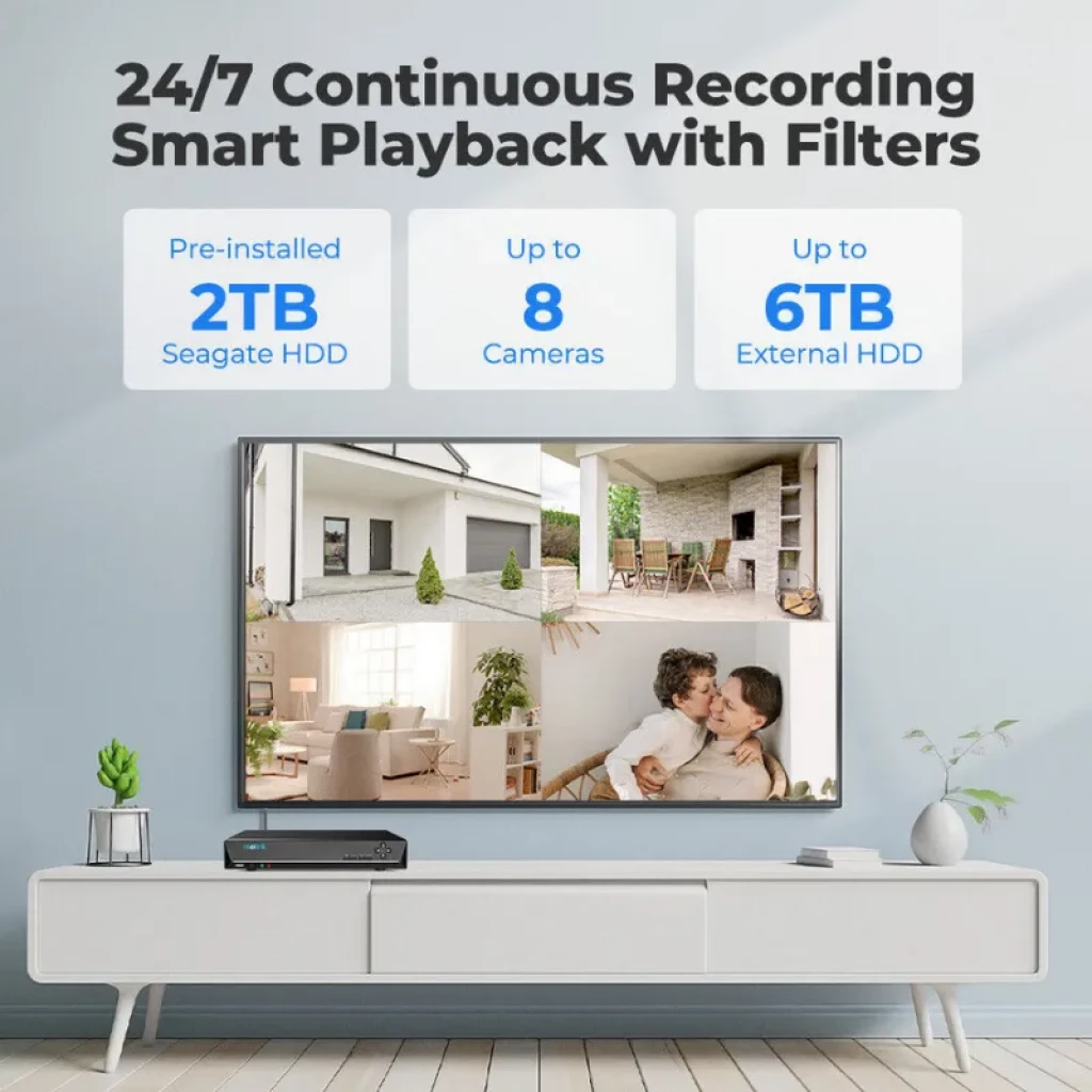 Reolink NVS8 compacto con carcasa negra, indicador LED frontal y puertos traseros PoE para hasta 8 cámaras; incluye HDD Seagate 2TB ampliable hasta 6TB
