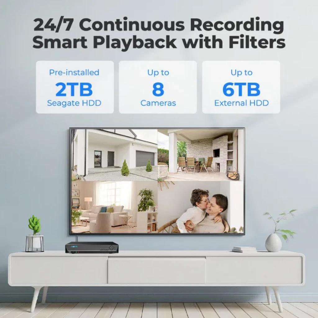 Reolink NVS8 compacto con carcasa negra, indicador LED frontal y puertos traseros PoE para hasta 8 cámaras; incluye HDD Seagate 2TB ampliable hasta 6TB