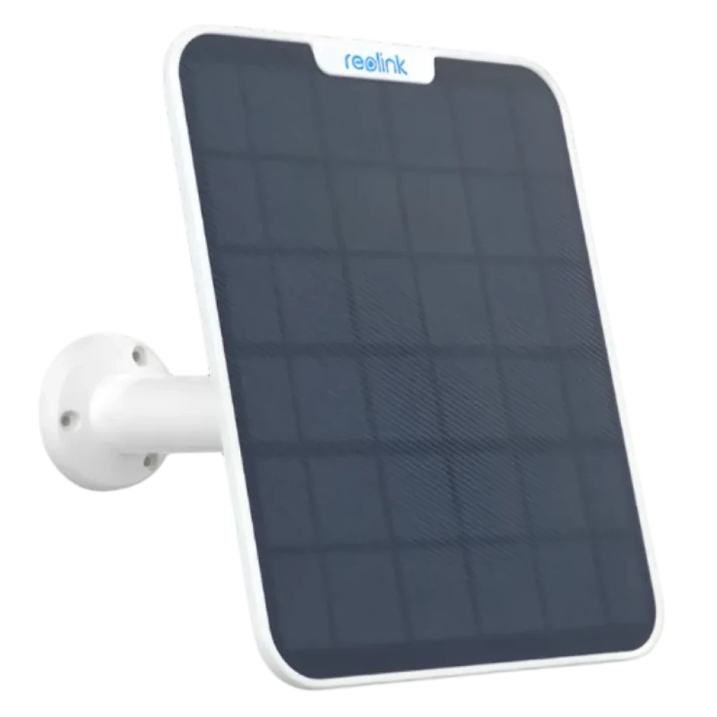 Panel solar Reolink Solar Panel 2 6W IP65, panel negro con marco blanco y soporte de pared ajustable, compatible con cámaras Reolink a batería