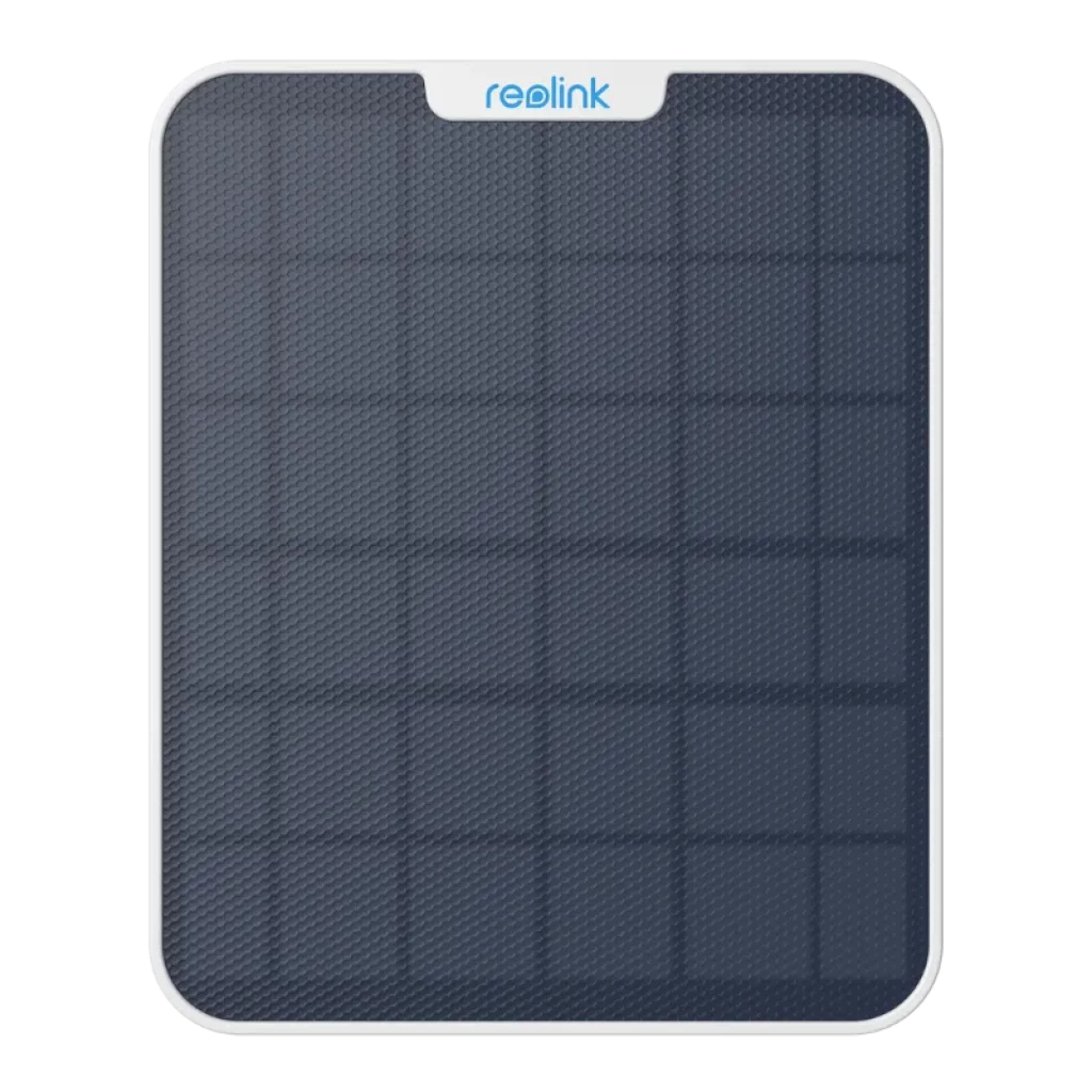 Panneau solaire Reolink Solar Panel 2 de 6 W, surface bleue quadrillée, cadre blanc et logo supérieur, conception compacte IP65 pour caméras Reolink à batterie