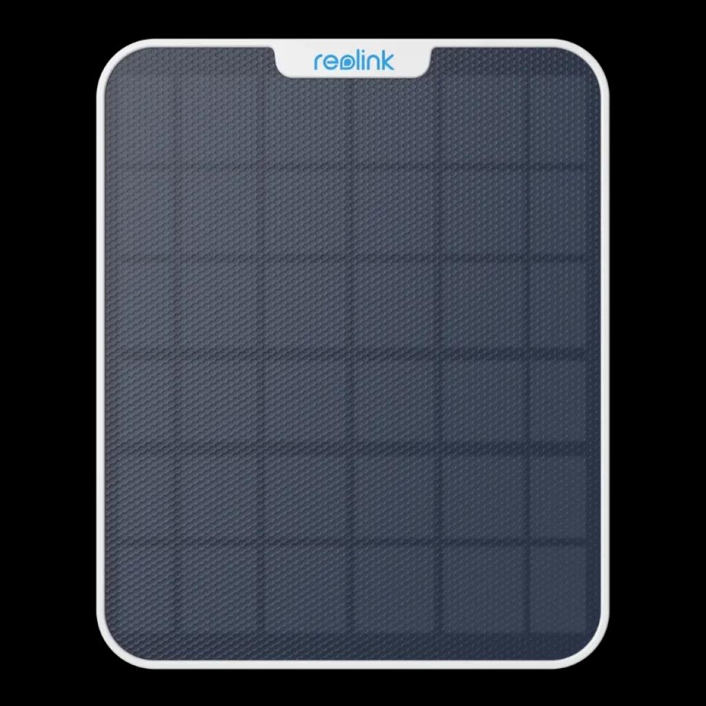 Panneau solaire Reolink Solar Panel 2 de 6 W, surface bleue quadrillée, cadre blanc et logo supérieur, conception compacte IP65 pour caméras Reolink à batterie