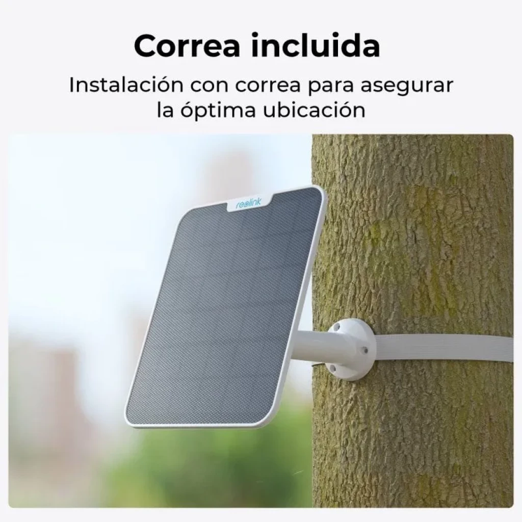 Panneau solaire Reolink 2 6W IP65 à fixer sur un arbre avec support et sangle inclus, panneau noir avec cadre clair, idéal pour les caméras Reolink à batterie