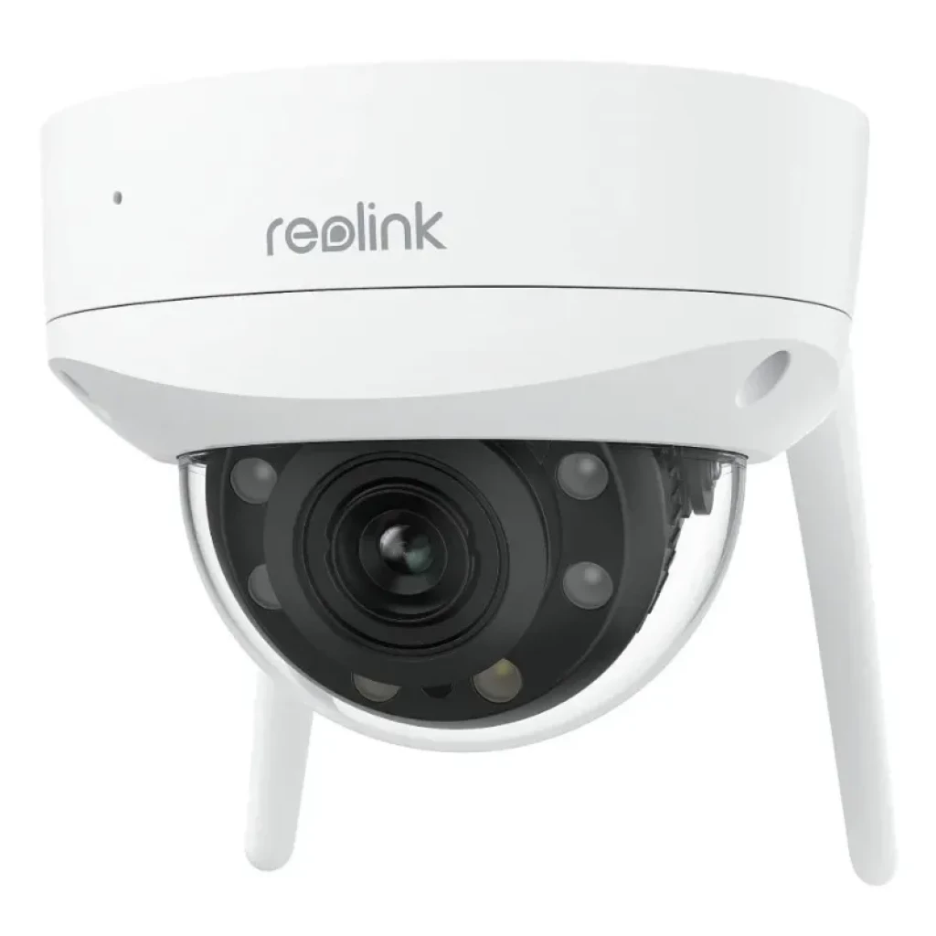 Reolink W437 con diseño domo blanco, lente central visible, LEDs infrarrojos y antenas WiFi dobles para exterior